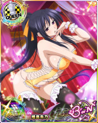 Rule 34 | 10s, 1girl, all fours, black hair, black thighhighs, blush, breasts, bustier, card (medium), character name, chess piece, cleavage, corset, covered erect nipples, hair ribbon, high school dxd, high school dxd born, himejima akeno, large breasts, lingerie, long hair, navel, official art, open mouth, parted lips, ponytail, purple eyes, queen (chess), ribbon, solo, thighhighs, trading card, underwear, very long hair