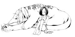 Rule 34 | 1girl, barefoot, child&#039;s drawing, claws, crayon, dress, fang, greyscale, hugging own legs, knees to chest, monochrome, monster, scp-053, scp-682, scp foundation, seriko (seo77000), short hair, sleeping