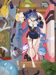 Rule 34 | 1girl, absurdres, aether (genshin impact), ahoge, arm up, armpits, b3b, bare shoulders, black dress, black gloves, black socks, blonde hair, blue hood, blue sleeves, book, breasts, card, character doll, chinese commentary, claw ring, closed mouth, clothes on floor, coin, commentary request, condom, couch, detached sleeves, dress, drill hair, drill sidelocks, feet, from above, full body, fungi (genshin impact), genius invokation tcg, genshin impact, gloves, gold trim, hair between eyes, hand up, highres, indoors, jewelry, key of khaj-nisut (genshin impact), layla (genshin impact), legs, long hair, long sleeves, lying, medium breasts, neck ring, no shoes, on back, on couch, open mouth, paid reward available, pants, plant, pointy ears, potted plant, puffy long sleeves, puffy sleeves, rabbit, sidelocks, sleeveless, sleeveless dress, slime (genshin impact), smile, socks, solo, sword, table, thighlet, trash can, twin drills, used condom, used tissue, very long hair, weapon, white pants, white socks, wooden floor, yellow eyes, yuegui (genshin impact)