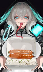 Rule 34 | 1girl, absurdres, aqua wings, arknights, coat, commentary, english commentary, food, forked tongue, giving, grey hair, head wings, highres, ho&#039;olheyak (arknights), holding, holding food, kinohara kossuta, long tongue, medium hair, open clothes, open coat, sausage, slit pupils, smile, straight-on, teeth, tongue, tongue out, upper body, upper teeth only, very long tongue, white coat, wings