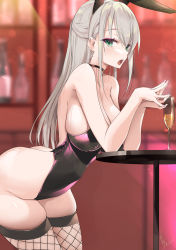 Rule 34 | 1girl, animal ears, ass, bare shoulders, black leotard, blurry, blurry background, breasts, champagne flute, choker, cup, drinking glass, fake animal ears, fishnet thighhighs, fishnets, from side, green eyes, grey hair, highres, large breasts, leotard, long hair, looking at viewer, open mouth, original, playboy bunny, rabbit ears, strapless, strapless leotard, thighhighs, thighs, won (az hybrid)