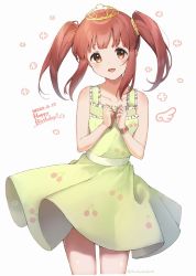 Rule 34 | blunt bangs, blush, cherry print, clenched hands, collarbone, commentary request, dated, dress, food print, green dress, happy birthday, highres, idolmaster, idolmaster cinderella girls, koishi (kiwi0314), looking at viewer, red eyes, sidelocks, sleeveless, sleeveless dress, smile, tears, tiara, twintails, wrist cuffs