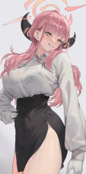 Rule 34 | 1girl, aru (blue archive), black skirt, blue archive, blush, breasts, collared shirt, dress shirt, gloves, grin, highres, horns, large breasts, long hair, long sleeves, looking at viewer, mhk (mechamania), pencil skirt, pink hair, shirt, skirt, smile, solo, thighs, white gloves, white shirt, yellow eyes
