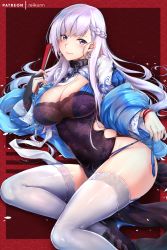 Rule 34 | 1girl, azur lane, belfast (azur lane), belfast (iridescent rosa) (azur lane), black dress, blue eyes, blue kimono, blush, braid, breasts, bridal gauntlets, chain, cleavage, cleavage cutout, closed mouth, clothing cutout, collar, covered navel, dress, earrings, fingernails, folded fan, folding fan, french braid, hand fan, high heels, highres, hip focus, japanese clothes, jewelry, kimono, large breasts, long fingernails, long hair, looking at viewer, nail polish, red background, rei kun, smile, solo, swept bangs, tassel, thighhighs, thighs, white hair, white thighhighs, wide sleeves