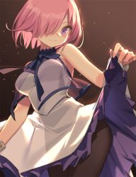 Rule 34 | 1girl, bare arms, bare shoulders, black pantyhose, blush, breasts, brown background, closed mouth, commentary request, dress, eyebrows hidden by hair, fate/grand order, fate (series), frilled dress, frills, hair over one eye, kildir, mash kyrielight, mash kyrielight (under the same sky), medium breasts, nose blush, official alternate costume, pantyhose, pink hair, purple eyes, sleeveless, sleeveless dress, smile, solo, standing, white dress