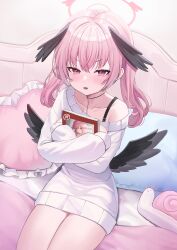 Rule 34 | 1girl, absurdres, black wings, blanket, blue archive, blur censor, book, hugging book, bra strap, censored, dress, feathered wings, frown, genshin impact, halo, head wings, highres, holding, holding book, koharu (blue archive), long hair, long sleeves, looking at viewer, mini wings, nannung, hugging object, off shoulder, pillow, pink eyes, pink hair, single bare shoulder, sitting, solo, sweater, sweater dress, tearing up, thighs, twintails, v-shaped eyebrows, white sweater, wings, yae miko