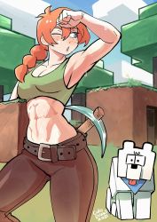 Rule 34 | 1girl, 2021, abs, aemu, alex (minecraft), animal, artist name, bare shoulders, belt, belt buckle, blue eyes, braid, braided ponytail, breasts, buckle, cleavage, colo (nagrolaz), commentary, crop top, dated, english commentary, freckles, hair between eyes, holding, medium breasts, midriff, minecraft, navel, one eye closed, orange hair, pants, pickaxe, sleeveless, solo, sports bra, sweat, tree, watermark, wolf