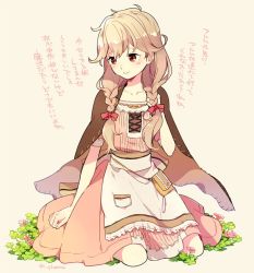 Rule 34 | 1girl, bad id, bad twitter id, blonde hair, bow, braid, brown eyes, cape, closed mouth, clover, dress, faye (fire emblem), fire emblem, fire emblem echoes: shadows of valentia, flower, guttary, hair bow, long hair, looking to the side, low-braided long hair, low-tied long hair, nintendo, sitting, smile, solo, twin braids