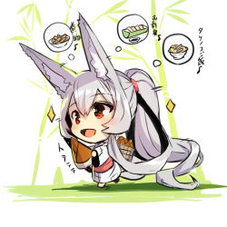 Rule 34 | 1girl, :d, absurdly long hair, animal ear fluff, animal ears, bamboo, bamboo shoot, barefoot, basket, chibi, commentary request, fish (food), food, fox ears, fox girl, fox tail, grey hair, highres, holding, japanese clothes, kimono, long hair, long sleeves, looking away, obi, open mouth, original, patch, ponytail, red eyes, sash, sashimi, smile, solo, sparkle, tail, thought bubble, translation request, very long hair, white kimono, wide sleeves, yuuji (yukimimi)