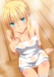Rule 34 | 1girl, ahoge, artoria pendragon (all), artoria pendragon (fate), blonde hair, blush, breast suppress, breasts, fate (series), green eyes, hara (harayutaka), highres, looking at viewer, medium breasts, naked towel, partially submerged, saber (fate), shiny skin, sitting, solo, towel, water, wet, wooden floor