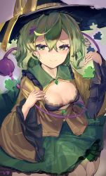 Rule 34 | 1girl, absurdres, artist name, black hat, blouse, blush, bow, breasts, buttons, chinese commentary, chocarate, cleavage, cleavage cutout, closed mouth, clothing cutout, commentary, diamond button, fingernails, frilled shirt collar, frilled sleeves, frills, green eyes, green hair, green skirt, hair between eyes, hat, hat bow, highres, komeiji koishi, long sleeves, looking at viewer, medium hair, puzzle piece, shirt, skirt, small breasts, smile, solo, third eye, tongue, touhou, wide sleeves, yellow bow, yellow shirt
