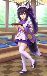 Rule 34 | 1girl, :d, absurdres, animal ear fluff, animal ears, apron, black footwear, black hair, brown eyes, ceiling light, checkered floor, commentary request, cup, day, detached sleeves, fang, frilled apron, frills, hair between eyes, hair ornament, hairclip, highres, holding, holding tray, indoors, iroha (iroha matsurika), japanese clothes, kimono, kunoichi-chan (iroha (iroha matsurika)), long hair, long sleeves, looking at viewer, maid, maid apron, maid headdress, open mouth, original, pleated skirt, ponytail, purple kimono, purple skirt, purple sleeves, sandals, skirt, sleeveless, sleeveless kimono, smile, solo, standing, standing on one leg, tabi, table, tail, tatami, thick eyebrows, thighhighs, tray, very long hair, wa maid, white apron, white thighhighs, wide sleeves, window, wolf ears, wolf girl, wolf tail, x hair ornament, zouri