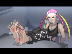 Rule 34 | 1girl, absurdres, arms behind back, barefoot, black pants, black shirt, bound ankles, breasts, chair, creatures (company), cuffs, eyeshadow, feet, female focus, game freak, handcuffed, handcuffs, highres, indoors, jewelry, leggings, looking at viewer, makeup, meteorreb0rn, multicolored hair, nail polish, necklace, nintendo, open mouth, pants, pink nails, plumeria (pokemon), pokemon, pokemon sm, quad tails, restrained, shirt, sitting, small breasts, soles, solo, spread toes, steam, sweat, table, tan, tank top, team skull, toenail polish, toenails, toes, two-tone hair, yellow eyes, yellow nails