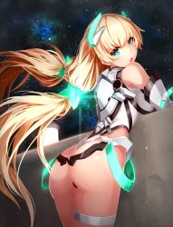 Rule 34 | 1girl, :o, against wall, angela balzac, armor, ass, bare shoulders, blonde hair, blue eyes, blush, bodysuit, breast rest, breasts, cowboy shot, floating hair, from side, glowing, halterneck, head tilt, highleg, highleg leotard, highres, lantern, large breasts, leotard, light trail, long hair, looking at viewer, looking back, low twintails, nebula, neon, neon trim, night, night sky, open mouth, outdoors, pilot suit, rakuen tsuihou, sky, solo, star (sky), starry sky, surprised, takanashie, thigh strap, thong, thong leotard, turtleneck, twintails, very long hair