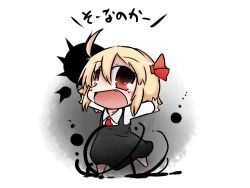 Rule 34 | 1girl, ascot, blonde hair, bow, chibi, darkness, dekasudachin, dress, embodiment of scarlet devil, fang, female focus, is that so, outstretched arms, red eyes, ribbon, rumia, solo, spread arms, touhou
