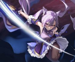 Rule 34 | 1girl, bare shoulders, bow, breasts, brown pantyhose, cowboy shot, daniel deng, dress, earrings, frilled skirt, frilled sleeves, frills, genshin impact, gloves, hair bow, hair bun, highres, holding, holding sword, holding weapon, jewelry, keqing (genshin impact), looking at viewer, medium breasts, pantyhose, purple background, purple dress, purple eyes, purple gloves, purple hair, simple background, skirt, slashing, solo, sword, thighs, twintails, weapon, wind, wind lift