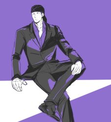 Rule 34 | 1boy, bandana, billy kane, crossed legs, fatal fury, formal, looking away, male focus, monochrome, open clothes, open shirt, pant suit, pants, shirt, short hair, snk, solo, suit, the king of fighters, yk (waikeee)