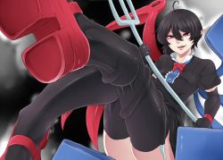 Rule 34 | 1girl, animal, animal in clothes, asymmetrical wings, black hair, black thighhighs, dress, gloves, houjuu nue, nicutoka, pointy ears, polearm, red eyes, short hair, smile, snake, thighhighs, touhou, weapon, wings