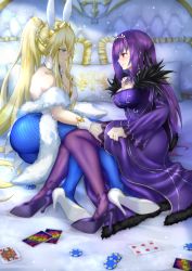 Rule 34 | 2girls, absurdres, ahoge, animal ears, artist request, artoria pendragon (all), artoria pendragon (fate), artoria pendragon (swimsuit ruler) (fate), ass, bare shoulders, black ribbon, blonde hair, blue neckwear, blue pantyhose, blush, braid, breasts, card, cleavage, closed mouth, detached collar, dress, fake animal ears, fate/grand order, fate (series), feather boa, feather trim, fishnet legwear, fishnets, french braid, green eyes, hair between eyes, hair ribbon, high heels, highleg, highleg leotard, highres, jewelry, large breasts, legs, leotard, long hair, long sleeves, looking at another, multiple girls, necklace, necktie, on bed, pantyhose, pendant, pillow, playboy bunny, playing card, poker chip, purple dress, purple footwear, purple hair, purple legwear, rabbit ears, red eyes, ribbon, scathach (fate), scathach skadi (fate), sidelocks, smile, tiara, wavy mouth, white footwear, white leotard, wrist cuffs