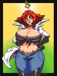 1girl artist_name belt black_choker black_gloves boots breasts choker cleavage coat curvy denim fire glasses gloves green_eyes green_lips hand_on_own_hip highres huge_breasts j.raido jeans lipstick looking_at_viewer makeup midriff narrow_waist navel pants pixel_art red_hair semi-rimless_eyewear short_hair smile solo strapless thick_thighs thigh_boots thighs under-rim_eyewear wide_hips