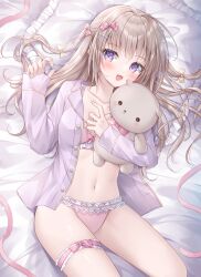 Rule 34 | 1girl, :d, bed sheet, blush, bow, breasts, brown hair, collarbone, collared shirt, commentary, commission, dress shirt, frilled pillow, frills, hair bow, hair ornament, heart, heart hair ornament, highres, kohinata hoshimi, long hair, long sleeves, looking at viewer, navel, hugging object, open clothes, open mouth, open shirt, original, pajamas, panties, pillow, pinching sleeves, pink bow, pink panties, purple eyes, purple pajamas, purple shirt, shirt, skeb commission, sleeves past wrists, small breasts, smile, solo, stuffed animal, stuffed toy, teddy bear, two side up, underwear, very long hair, yellow bow