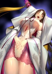 Rule 34 | absurdres, belly rub, breasts, brown hair, facial mark, fangs, fate/extra, fate/extra ccc, fate/grand order, fate (series), forehead mark, hands on own stomach, highres, horns, large breasts, open mouth, rahato, revealing clothes, sessyoin kiara, solo, thighs, yellow eyes
