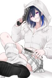 1girl alternate_costume aoyashio_rin belt belt_buckle black_belt black_hair blue_hair blush buckle collarbone crossed_legs dark_blue_hair double-parted_bangs down_jacket earrings grin gun hand_on_own_hip handgun highres holding holding_gun holding_weapon hood hood_up hooded_jacket horned_hood horns ichinose_uruha jacket jewelry leg_warmers loafers looking_at_viewer medium_hair midriff_peek miniskirt multicolored_hair multiple_belts navel open_mouth partially_unbuttoned plaid_clothes plaid_skirt pleated_skirt purple_eyes revolver shoes sitting skirt smile streaked_hair two-tone_hair vertical-striped_leg_warmers virtual_youtuber vspo! weapon white_background white_belt white_jacket white_leg_warmers