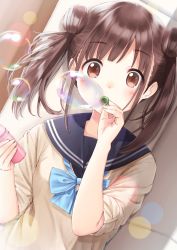 Rule 34 | 1girl, bashosho, black sailor collar, blue bow, blush, bow, brown eyes, brown hair, brown shirt, bubble, blowing bubbles, commentary request, couch, double bun, dutch angle, hair bun, highres, holding, idolmaster, idolmaster shiny colors, looking at viewer, lying, on back, on couch, sailor collar, school uniform, serafuku, shirt, short sleeves, solo, sonoda chiyoko, twintails, upper body