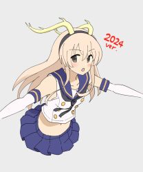 Rule 34 | 1girl, 2024, black neckerchief, blonde hair, blue sailor collar, blue skirt, commentary request, crop top, cropped legs, dragon horn, elbow gloves, gloves, grey background, grey eyes, highres, kantai collection, long hair, looking at viewer, microskirt, midriff, miniskirt, neckerchief, nijiboushi, outstretched arms, pleated skirt, sailor collar, shimakaze (kancolle), shirt, simple background, skirt, sleeveless, sleeveless shirt, solo, striped clothes, striped thighhighs, thighhighs, white gloves