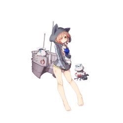 Rule 34 | 1girl, animal ears, barefoot, blue eyes, blush, breasts, brown hair, chibi, closed mouth, collar, cross, fang, feet, full body, garrison cap, glasses, goggles cat, gradient hair, gun, hair over one eye, hands in pockets, hat, hood, hooded jacket, iron cross, jacket, lifebuoy, long hair, looking at viewer, machinery, multicolored hair, official art, one-piece swimsuit, open clothes, open jacket, orange eyes, pocket, red-framed eyewear, sailor hat, small breasts, standing, swim ring, swimsuit, tongue, tongue out, transparent background, u81 (warship girls r), warship girls r, weapon, wolf, zipper