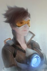Rule 34 | 1girl, absurdres, bomber jacket, brown eyes, brown hair, brown jacket, chest harness, goggles, harness, highres, jacket, leather, leather jacket, looking at viewer, orange goggles, overwatch, overwatch 1, pu zhou, short hair, simple background, solo, spiked hair, tracer (overwatch), upper body
