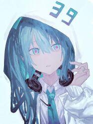 Rule 34 | 1girl, 39, absurdres, aqua eyes, aqua hair, aqua jacket, aqua nails, aqua necktie, blending, chinese commentary, collared shirt, commentary request, expressionless, hand up, hatsune miku, headphones, headphones around neck, highres, hood, hood up, hooded jacket, huaji niang, jacket, long hair, long sleeves, looking at viewer, microphone, miku day, multicolored clothes, multicolored jacket, necktie, open clothes, open jacket, open mouth, pink pupils, portrait, shirt, solo, twintails, two-tone jacket, vocaloid, white jacket, white shirt