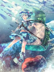 Rule 34 | 1girl, :d, backpack, bag, blue eyes, blue hair, boots, hair bobbles, hair ornament, highres, kawashiro nitori, key, looking away, matching hair/eyes, mechanical arms, missile, miyuki ruria, navel, open mouth, propeller, puffy short sleeves, puffy sleeves, rubber boots, short hair, short sleeves, single mechanical arm, skirt, skirt set, smile, solo, touhou, two side up
