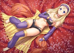 Rule 34 | 1girl, arabian clothes, bare shoulders, barefoot, blonde hair, blue eyes, blush, bridal gauntlets, covering privates, covering breasts, dancer, dragon quest, dragon quest xi, earrings, feet, forehead, full body, hairband, jewelry, leg warmers, long hair, looking at viewer, lying, miyai sen, nail polish, navel, necklace, on back, petals, pink nails, senya (dq11), solo, strapless, toenail polish, toenails, toes, tube top