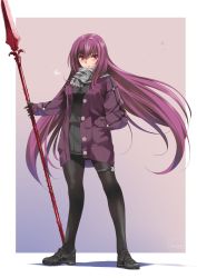 Rule 34 | 1girl, adapted costume, alternate costume, artist name, blush, breasts, breath, commentary request, fate/grand order, fate (series), full body, gae bolg (fate), gloves, gradient background, hair intakes, hand in pocket, highres, holding, holding weapon, inoue sora, jacket, long hair, long sleeves, looking at viewer, medium breasts, parted lips, pleated skirt, polearm, purple hair, red eyes, scarf, scathach (fate), shoes, skirt, sneakers, solo, spear, standing, sweater, weapon