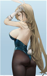 Rule 34 | 1girl, absurdres, animal ears, ass, asuna (blue archive), asuna (bunny) (blue archive), black pantyhose, blue archive, blue background, blue leotard, blush, breasts, dokshuri, fake animal ears, fake tail, from side, gloves, highres, large breasts, leotard, light brown hair, long hair, pantyhose, playboy bunny, profile, rabbit ears, rabbit tail, simple background, smile, solo, tail, very long hair, white gloves