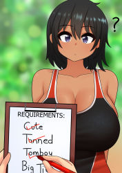 Rule 34 | 1girl, ?, absurdres, arms behind back, black hair, breasts, censored, censored text, checklist, cleavage, clipboard, commentary, competition swimsuit, dark-skinned female, dark skin, disembodied limb, english commentary, english text, eyebrows, forest, highres, himiko (the only shoe), list, meme, nature, one-piece swimsuit, original, pen, purple eyes, short hair, swimsuit, tan, the only shoe, tomboy, upper body