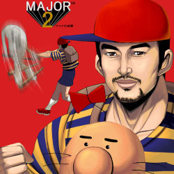 Rule 34 | 2boys, afterimage, aged up, bad id, bad pixiv id, baseball bat, baseball cap, beard, creature, doseisan, facial hair, facing viewer, hat, kouno (masao), looking at viewer, male focus, manly, mother (game), mother 2, multiple boys, mustache, ness (mother 2), nintendo, realistic, red footwear, shirt, shorts, sideways hat, striped clothes, striped shirt, t-shirt, white legwear
