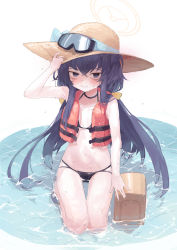 Rule 34 | 1girl, arm up, bikini, black bikini, black eyes, black hair, blue archive, blush, brown hat, closed mouth, collarbone, eyebrows hidden by hair, goggles, goggles on headwear, hair between eyes, halo, hand on headwear, hat, highres, hogo (otora50), life vest, long hair, looking at viewer, seiza, shallow water, sitting, solo, sun hat, swimsuit, ui (blue archive), very long hair, water, wet