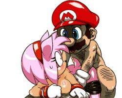 Rule 34 | 1boy, 1girl, amy rose, bent over, blush, breasts, crossover, doggystyle, facial hair, furry, hair ornament, hat, hetero, interspecies, mario, mario (series), mustache, nezunezu, nintendo, nude, pink hair, red headwear, sega, sex, sex from behind, shiny skin, simple background, sonic (series), sonic (series), super mario bros. 1, surprised, sweat, tail, tko-san, white background