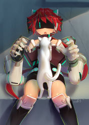 Rule 34 | 1girl, amputee, animal, boots, cat, cyborg, detached arm, female focus, highres, mitake eil, open mouth, original, prosthesis, robot ears, short hair with long locks, sitting, sweatdrop, thigh boots, thighhighs, visor
