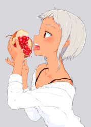 Rule 34 | 1girl, bare shoulders, black bra, blush, bra, bra strap, breasts, cleavage, commentary request, copyright request, dark skin, eating, food, food on face, fruit, grey background, hands up, hi iro, holding, holding food, holding fruit, licking, long sleeves, medium breasts, off shoulder, open mouth, pomegranate, red eyes, short hair, silver hair, simple background, solo, sweatdrop, sweater, tongue, tongue out, underwear, upper body, very short hair, wet, white sweater, yonic symbol