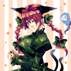Rule 34 | 1girl, animal ears, bad id, bad pixiv id, blush, breasts, cat ears, cat girl, cat tail, dress, covered erect nipples, female focus, ghost, heart, kaenbyou rin, large breasts, orimoto asami, red eyes, red hair, ribbon, smile, solo, tail, touhou
