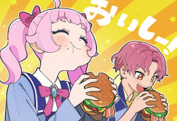 Rule 34 | 1boy, 1girl, ahoge, aozora himari, aozora hinata, blue jacket, blunt bangs, bow, brother and sister, burger, closed eyes, closed mouth, collared shirt, commentary request, eating, food, food on face, hair bow, himitsu no aipri, holding, holding food, jacket, long sleeves, neck ribbon, open mouth, oshiri (o4ritarou), outline, paradise private academy school uniform, parted bangs, pink bow, pink hair, pink ribbon, pretty series, red hair, ribbon, school uniform, shirt, short hair, siblings, smile, translation request, twintails, upper body, white outline, white shirt, yellow background