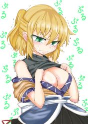 Rule 34 | 1girl, angry, blonde hair, blush, breasts, cleavage, clothes lift, crying, embarrassed, eyes visible through hair, fang, fang out, green eyes, highres, jealous, kokoperiiche, large breasts, mizuhashi parsee, nukoimo, paru paru, pointy ears, ponytail, robe, shirt, shirt lift, skirt, sleeveless, sleeveless shirt, solo, tears, touhou, trembling, tsurime, undershirt