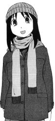 Rule 34 | 1girl, azuma kiyohiko, azumanga daiou, beanie, black hair, coat, greyscale, hat, kasuga ayumu, monochrome, scarf, solo, tongue, white background