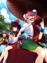 Rule 34 | 13-gou, 3girls, ahoge, ascot, bandaged arm, bandages, bare shoulders, blush, bow, breasts, brown hair, bun cover, chain, cuffs, cup, day, detached sleeves, eating, food, frilled skirt, frills, green skirt, hair bow, hair tubes, hakurei reimu, holding, holding cup, ibaraki kasen, japanese clothes, long hair, multiple girls, nontraditional miko, one eye closed, pink hair, puffy short sleeves, puffy sleeves, red bow, red eyes, red skirt, ribbon-trimmed sleeves, ribbon trim, shirt, short hair, short sleeves, sidelocks, sitting, skirt, small breasts, smile, socks, tabard, touhou, white shirt, white sleeves, white socks, wide sleeves, yellow ascot, yunomi