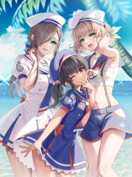 Rule 34 | 3girls, anise tatlin, armpit crease, bare shoulders, beach, black hair, blonde hair, blue dress, blue eyes, blue headwear, blue neckerchief, blue ribbon, blue sailor collar, blue shorts, blue sky, blunt bangs, blurry, blurry background, bow, breasts, brown eyes, brown hair, buttons, closed mouth, cloud, cloudy sky, collarbone, commentary request, cowboy shot, crop top, crossed bangs, dress, feet out of frame, green eyes, green ribbon, hair over one eye, hair ribbon, hand up, hat, highres, horizon, long hair, looking at viewer, low ponytail, medium breasts, midriff, multiple girls, natalia luzu kimlasca lanvaldear, navel, neckerchief, ocean, one eye closed, one eye covered, open mouth, outdoors, palm tree, puffy short sleeves, puffy sleeves, red bow, red neckerchief, ribbon, sailor collar, sailor dress, sailor hat, shirt, short hair, short sleeves, shorts, shuragyoku mami, sidelocks, sky, sleeveless, sleeveless shirt, small breasts, smile, striped clothes, striped shirt, summer, suspender shorts, suspenders, swept bangs, tales of (series), tales of the abyss, tear grants, thighs, tree, twintails, twitter username, v, white dress, white headwear, white sailor collar, wrist ribbon