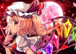 Rule 34 | 1girl, ascot, blonde hair, breasts, crystal, finger to mouth, flandre scarlet, frilled shirt collar, frills, from side, glowing, glowing wings, hat, hat ribbon, highres, ishiki nuru, long hair, looking at viewer, looking to the side, mob cap, moon, multicolored wings, open mouth, outdoors, petals, puffy short sleeves, puffy sleeves, red eyes, red moon, red ribbon, red vest, ribbon, shirt, short sleeves, side ponytail, small breasts, solo, touhou, twitter username, upper body, vest, white hat, white shirt, wings, wrist cuffs, yellow ascot