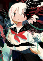 Rule 34 | 1girl, abstract, abstract background, absurdres, black sailor collar, black skirt, closed mouth, commentary request, floating hair, hair between eyes, highres, long sleeves, looking at viewer, mamei mema, neckerchief, original, pleated skirt, red neckerchief, sailor collar, sailor shirt, school uniform, serafuku, shirt, short hair, skirt, solo, standing, tareme, upper body, white hair, white shirt